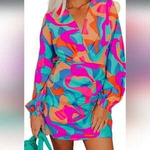 Multicolor Abstract Print Faux Wrap Long Sleeve Dress NWOT Size L